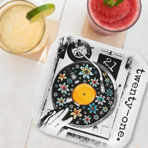 Retro Floral Vinyl Record Design Custom Birthday Paper Plate