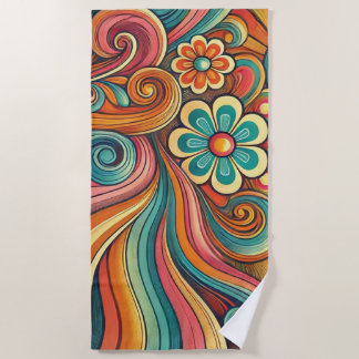 Retro Floral Waves with Sunburst Beach Towel