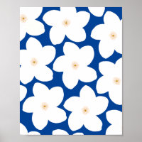Retro Floral White On Blue Flowers