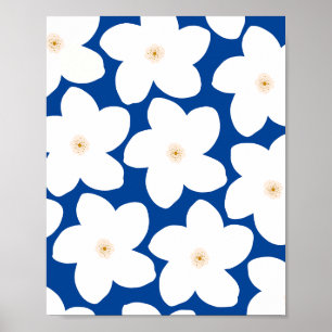 Retro Floral White On Blue Flowers Poster