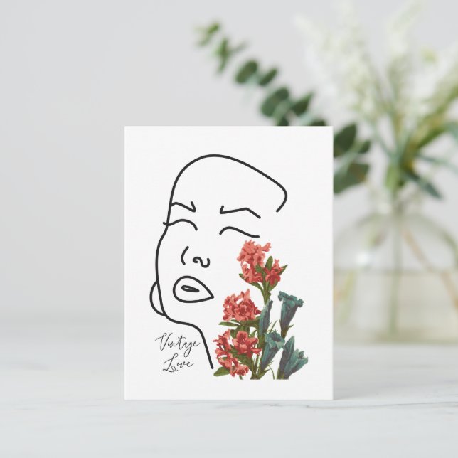 Retro floral woman face one line drawing blossom T Holiday Postcard (Standing Front)