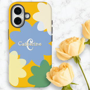 Retro Floral Yellow Spring Groovy Monogrammed iPhone 16 Case