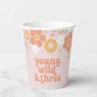 Retro Floral Young Wild Three Birthday Paper Cups