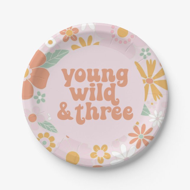 Retro Floral Young Wild Three Birthday Paper Plate (Front)