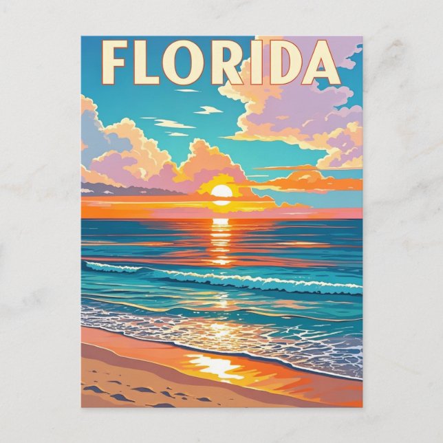 Retro Florida Beach: Illustrated Sunset Getaway Postcard (Front)