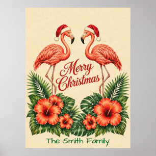Retro Florida Christmas Flamingo Custom Family Poster