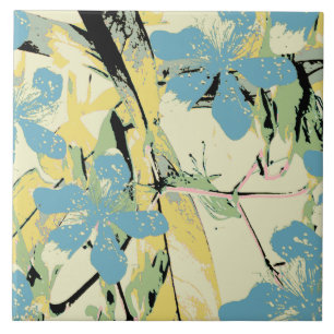 retro flower blue and yellow tile