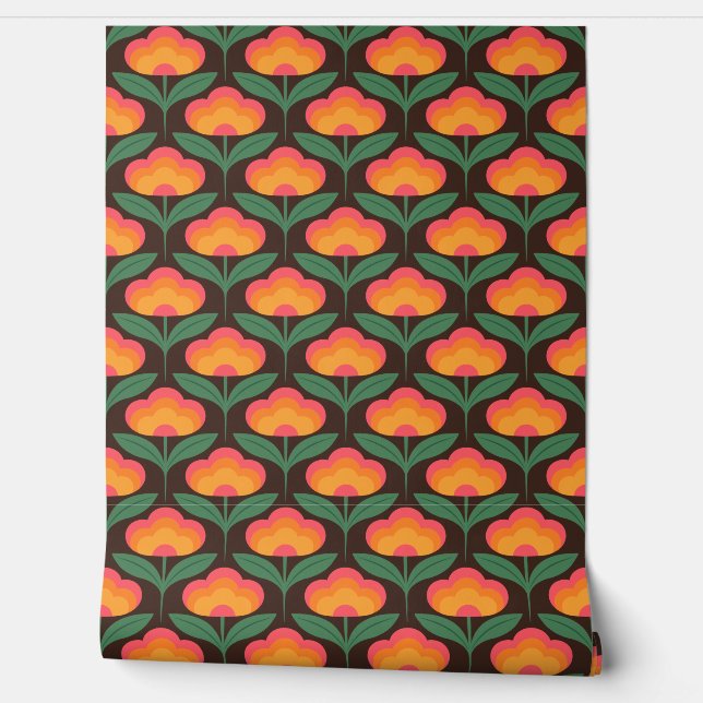 Retro flower Brighter colours on Brown Wallpaper (Unrolling)