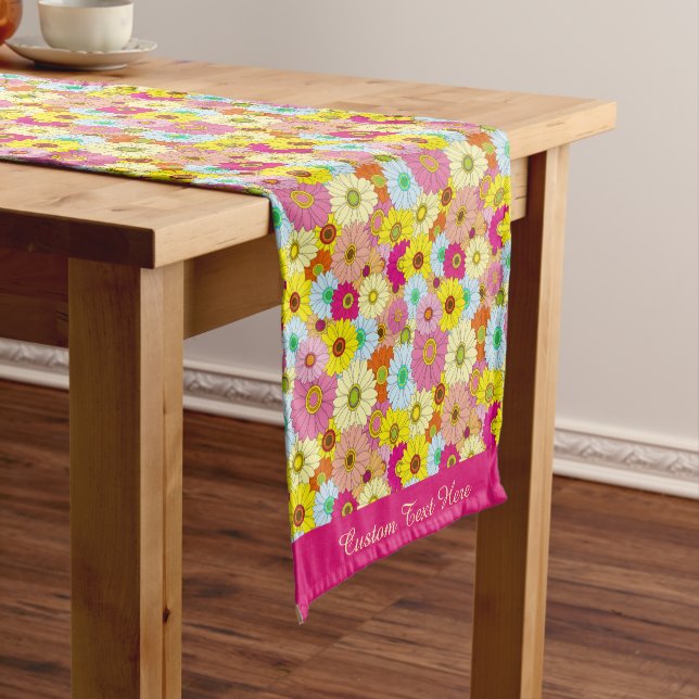 Retro Flower Buds Colourful Daisies Floral Pattern Short Table Runner (In Situ)