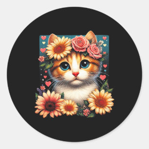Retro Flower Cat Love Art Kitten With Flowers Anim Classic Round Sticker