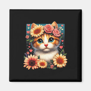 Retro Flower Cat Love Art Kitten With Flowers Anim Magnet