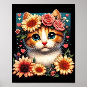 Retro Flower Cat Love Art Kitten With Flowers Anim Poster