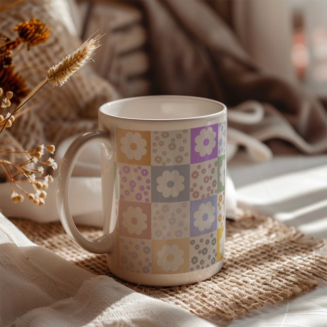 Retro Flower Chequered  Coffee Mug (Creator Uploaded)