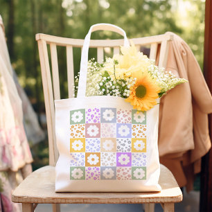 Retro Flower Chequered Tote Bag