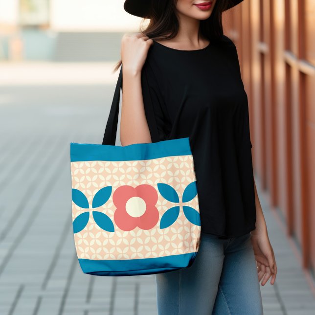 Retro Flower, Geo Pattern Coral, Blue, Peach Crossbody Bag (Creator Uploaded)