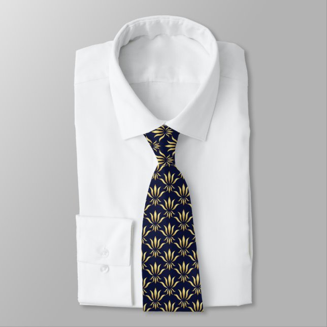 Retro Flower Gradient Gold Vector Pattern Navy Nec Tie (Tied)