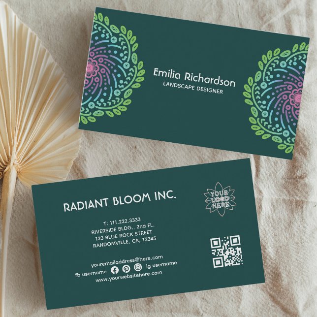 Retro Flower Mandala Teal Business Card (The custom boho-styled floral mandala business card design is suitable for your business.)
