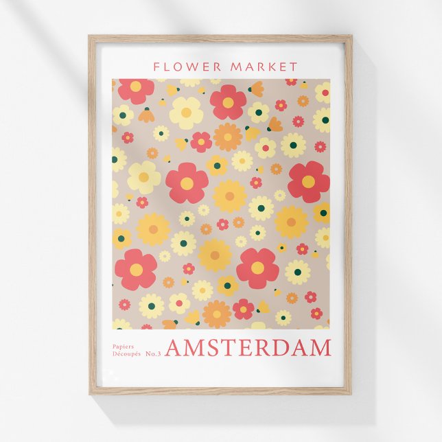 Retro Flower Market Amsterdam Red Yellow Flowers Poster (Retro Flower Market Amsterdam Red Yellow Flowers Poster in a wooden frame on a sunny white wall.)