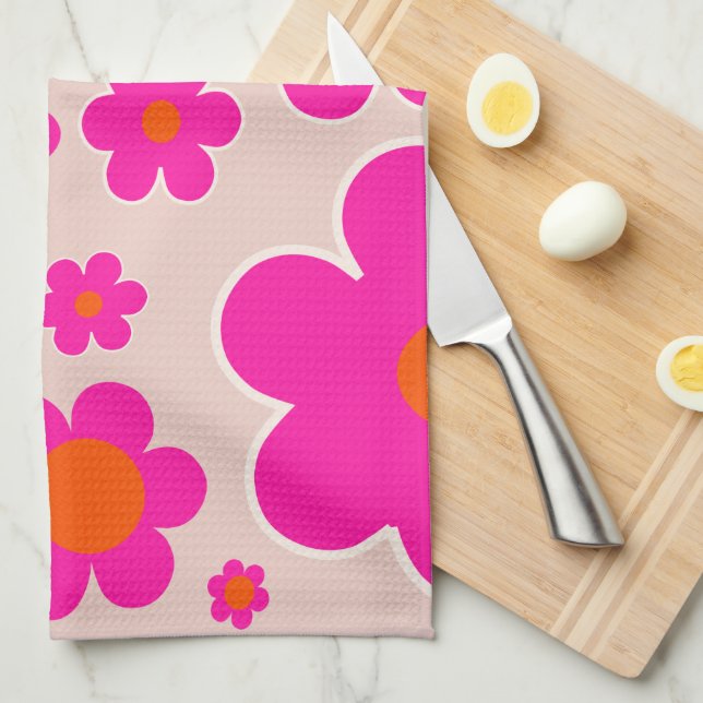 Retro Flower Market Florence Abstract Pink Floral Tea Towel (Quarter Fold)