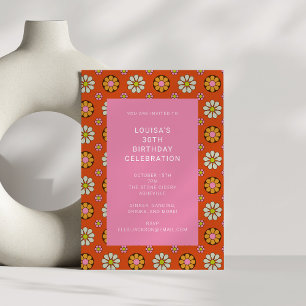 Retro Flower Orange Pink 30th Birthday Party Invitation