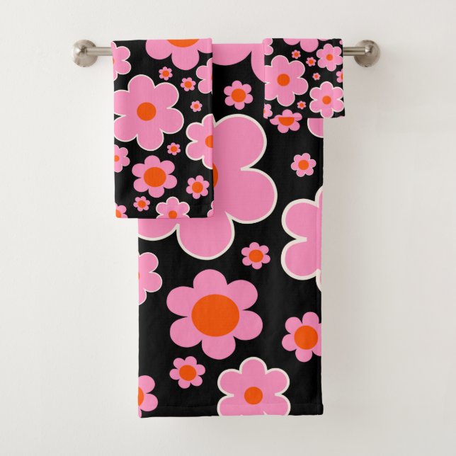 Retro Flower Pattern Black Pink And Orange Bath Towel Set (Insitu)