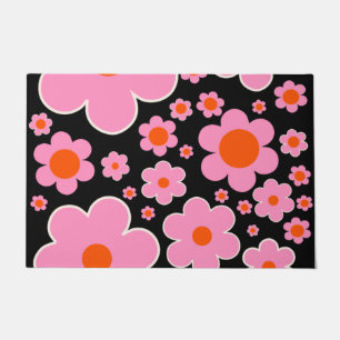 Retro Flower Pattern Black Pink And Orange Doormat