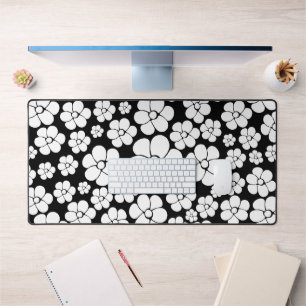 Retro Flower Pattern in White on Black Desk Mat