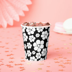 Retro Flower Pattern in White on Black Paper Cups