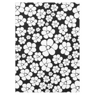 Retro Flower Pattern in White on Black Tablecloth