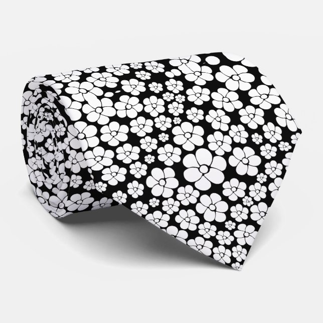 Retro Flower Pattern in White on Black Tie (Rolled)