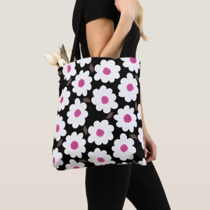 Retro Flower Pattern in White on Black Tote Bag