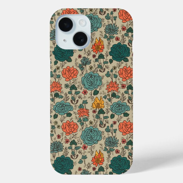Retro Flower Pattern iPhone 15 Case (Back)