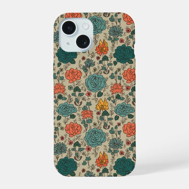 Retro Flower Pattern iPhone 15 Case (Back)