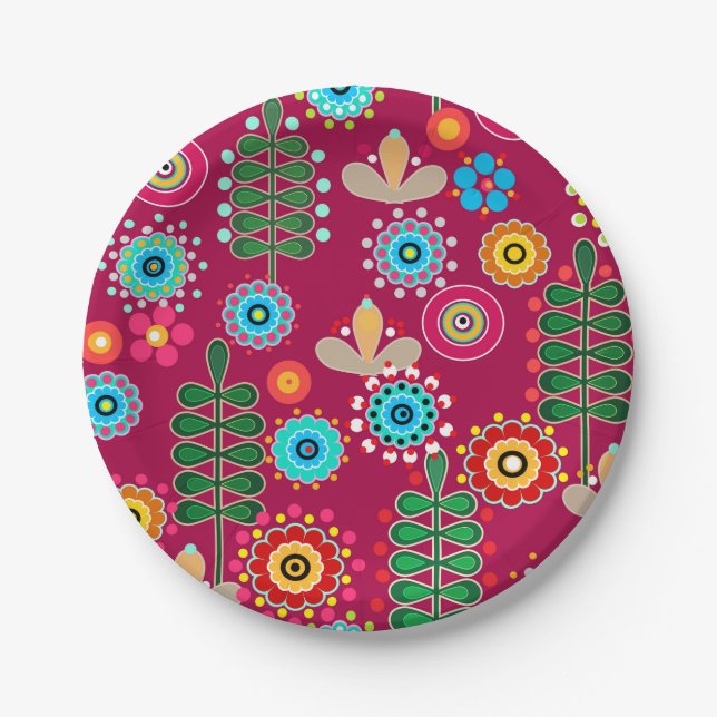 Retro, flower pattern paper plate (Front)