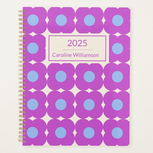 Retro Flower Pattern Purple Mid Mod Personalised Planner (Front)