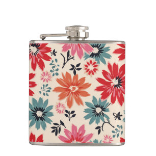 Retro Flower Pattern Red Orange Blue Hip Flask