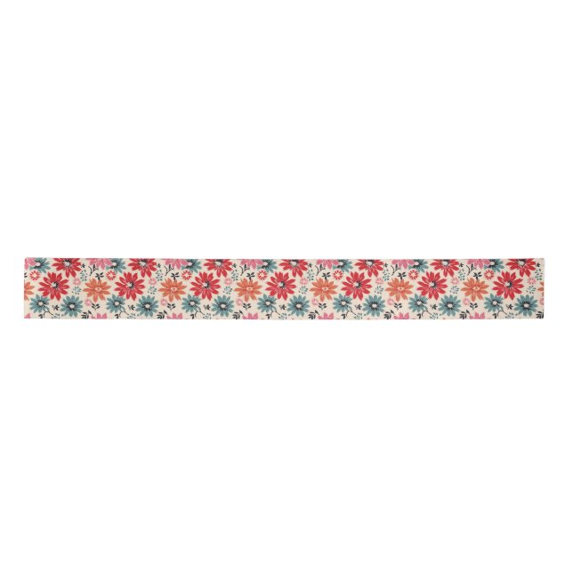 Retro Flower Pattern Red Orange Blue Satin Ribbon (Front)