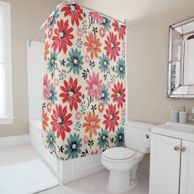Retro Flower Pattern Red Orange Blue Shower Curtain (In Situ)