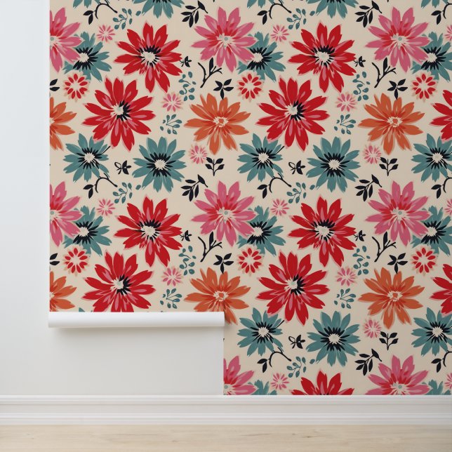 Retro Flower Pattern Red Orange Blue Wallpaper (Application)