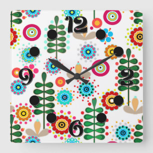 Retro, flower pattern square wall clock