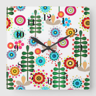Retro, flower pattern square wall clock