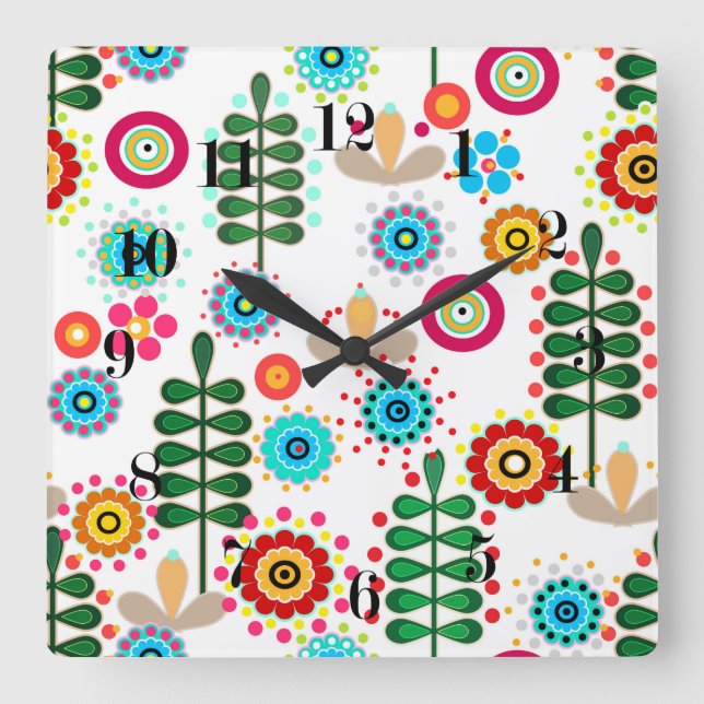 Retro, flower pattern square wall clock (Front)