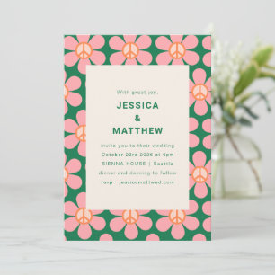 Retro Flower Peace Pink Green Groovy Wedding Invitation
