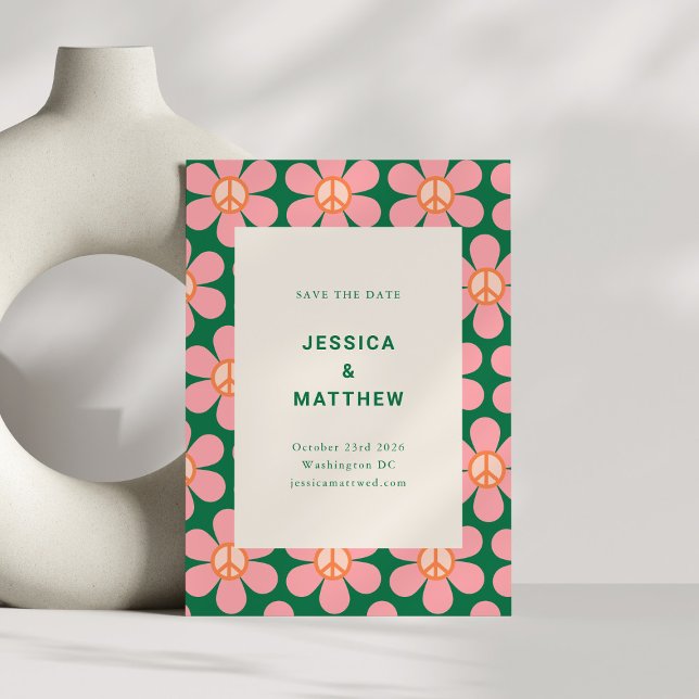 Retro Flower Peace Pink Green Groovy Wedding  Save The Date (Creator Uploaded)