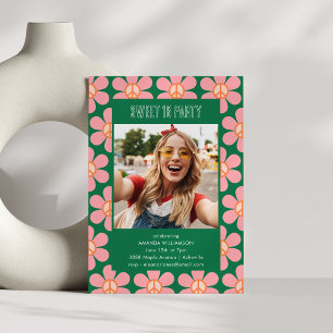 Retro Flower Peace Pink Green Sweet 16 Party Photo Invitation