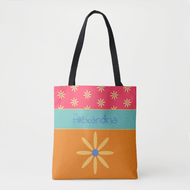 Retro Flower Personalised Name Tote Bag (Front)