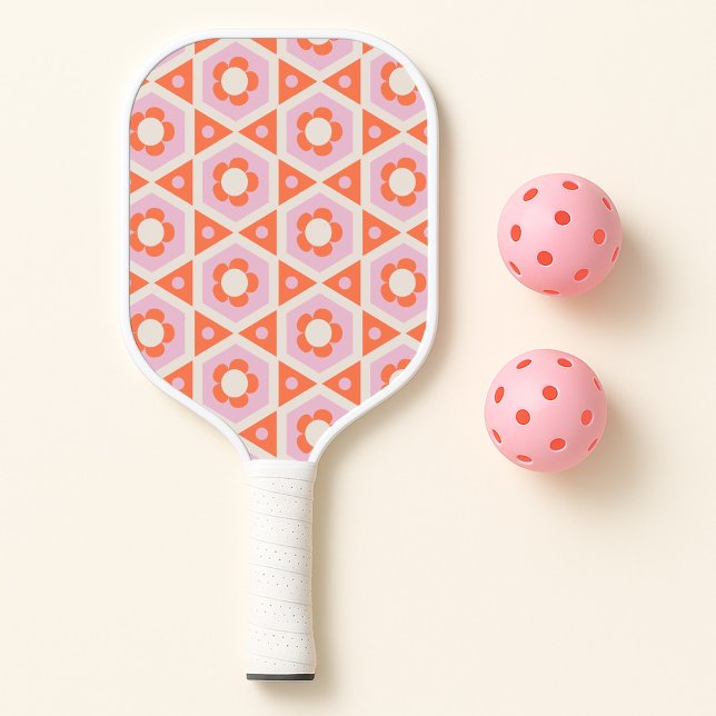 Retro Flower Power Pink & Orange Geometric Pickleball Paddle (Creator Uploaded)