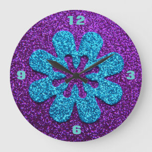 Retro Flower Purple & Blue Glitter Look Large Clock