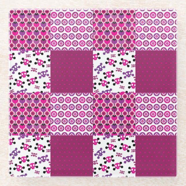 Retro flower skull polka dot glass coaster (Front)