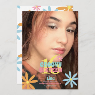 Retro Flower Sweet 16 Birthday Party Photo Invitation
